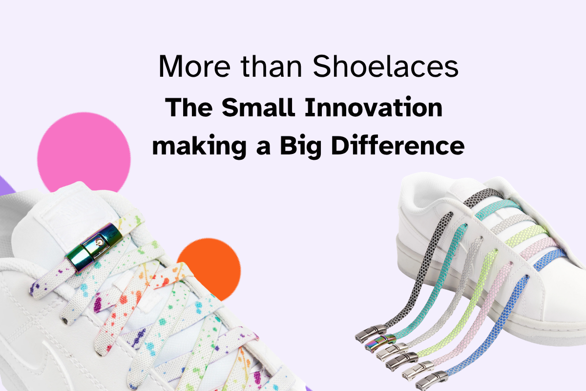 Colourful Teezy laces are shown close up with Never Grye branding and the blog title "More than Shoelaces, the small innovation making a big difference".